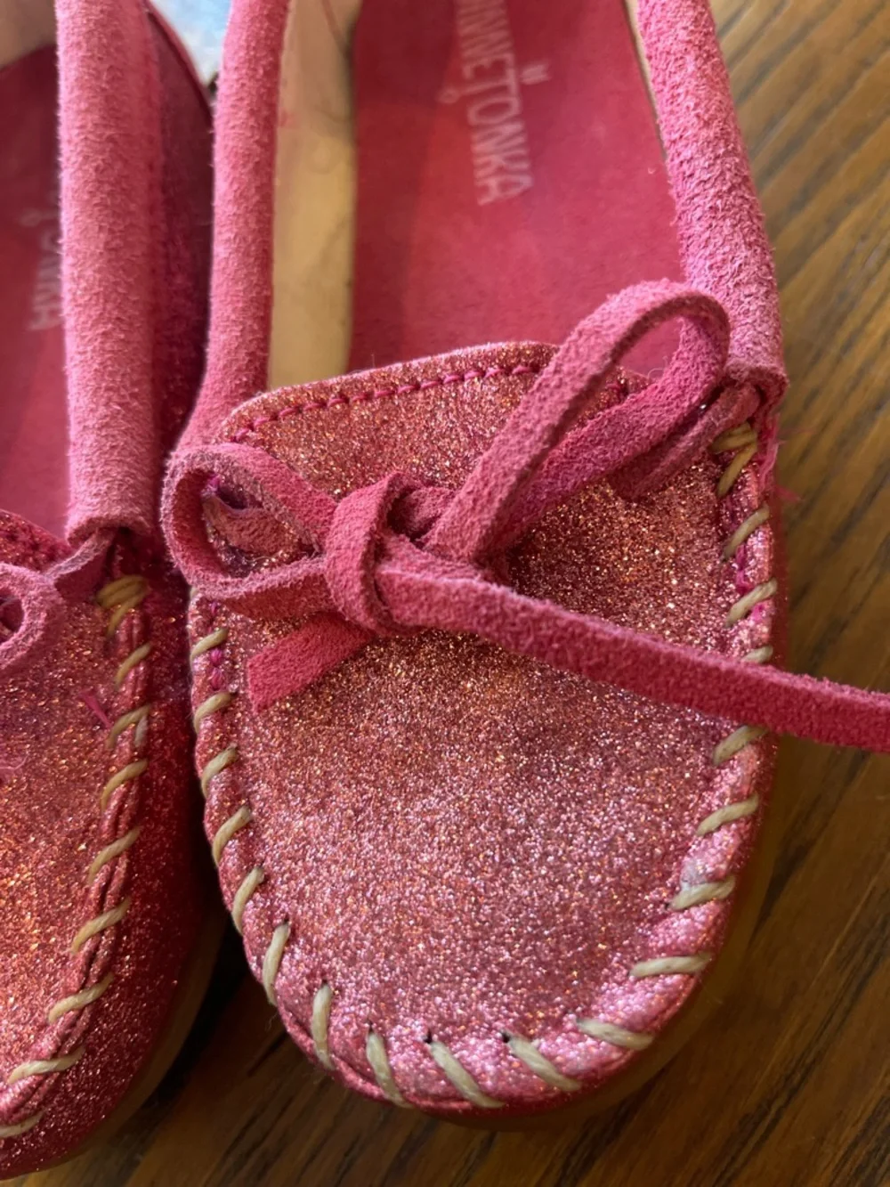 Minnetonka Kids Pink Glitter Suede Moccasins